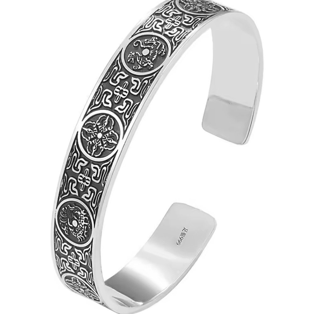 Sterling Silver Black-Accent Floral Motif Cuff Bracelet - Picture 2 of 2